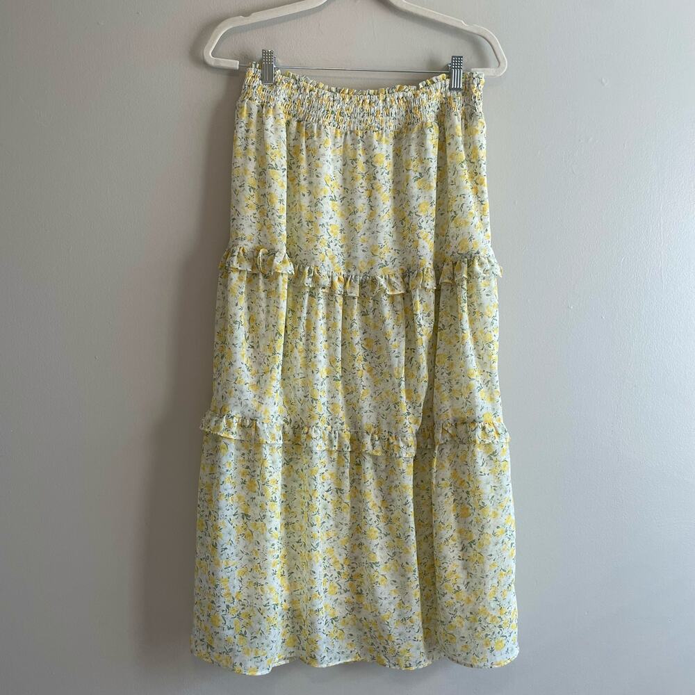 Lush Size L Yellow Floral Tiered Midi Skirt Smocked Waist Side Slit